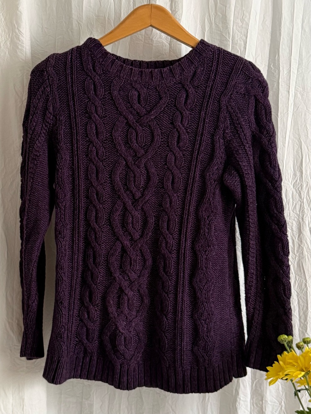NWOT J.Jill Cable Knit Sweater M Deep Purple Chunky Cotton Blend Cozy